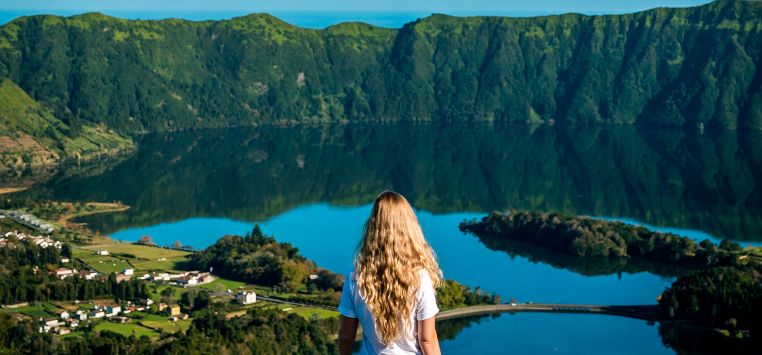 Young woman admiring the view over Sete Cidades lagoon