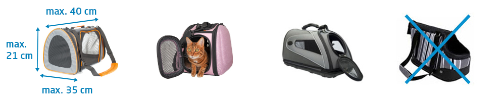 Soft pet carriers/travel bags for pets can be transported on our flights in the cabin