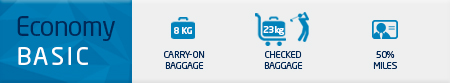 Economy Basic. 8Kg Carry-on baggage; 23kg Checked baggage; 50% Miles.